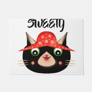 Cute Black Cat in Mushroom Hat Whimsical Doormat