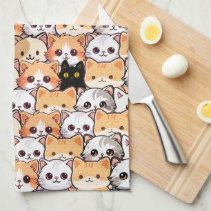 Cute black cat in orange cats pet Seamless Pattern Kitchen Towel