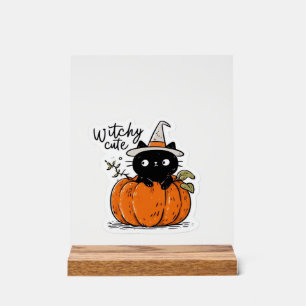 Cute black cat in pumpkin with witch hat Classic T Acrylic Sign