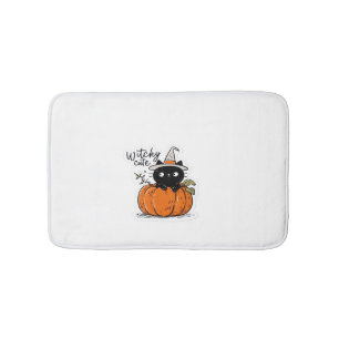 Cute black cat in pumpkin with witch hat Classic T Bath Mat