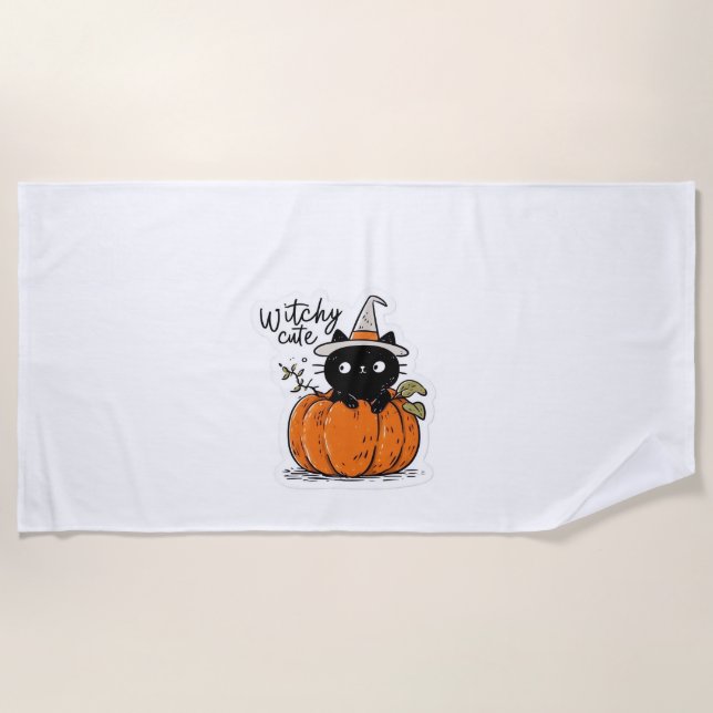 Cute black cat in pumpkin with witch hat Classic T Beach Towel (Front)