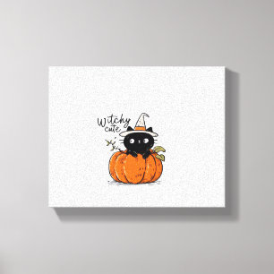 Cute black cat in pumpkin with witch hat Classic T Canvas Print