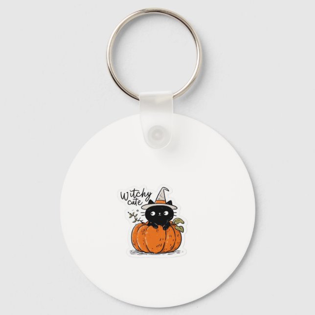 Cute black cat in pumpkin with witch hat Classic T Keychain (Front)