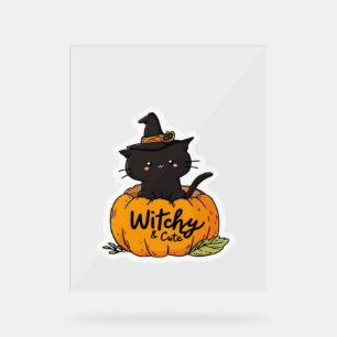 Cute black cat in pumpkin with witch hat, kawaii s acrylic sign