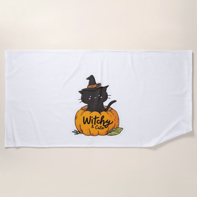 Cute black cat in pumpkin with witch hat, kawaii s beach towel (Front)