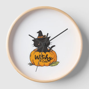 Cute black cat in pumpkin with witch hat, kawaii s clock