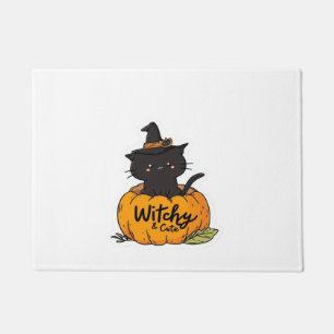 Cute black cat in pumpkin with witch hat, kawaii s doormat