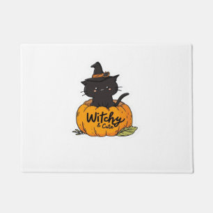Cute black cat in pumpkin with witch hat, kawaii s doormat