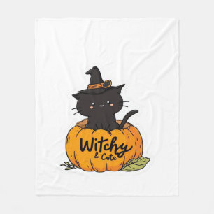 Cute black cat in pumpkin with witch hat, kawaii s fleece blanket