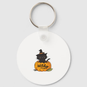 Cute black cat in pumpkin with witch hat, kawaii s keychain