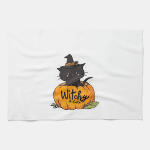 Cute black cat in pumpkin with witch hat, kawaii s kitchen towel