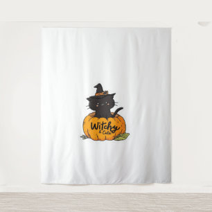 Cute black cat in pumpkin with witch hat, kawaii s tapestry
