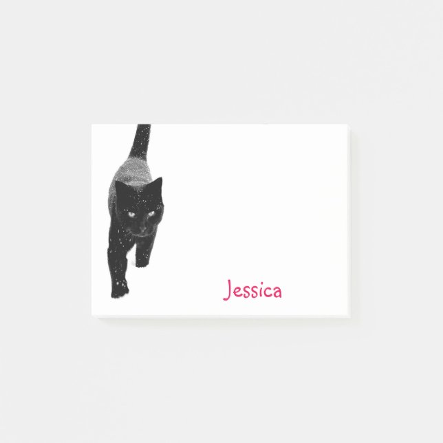 Cute Black Cat in the Snow Personalized Girly Name Post-it Notes (Front)