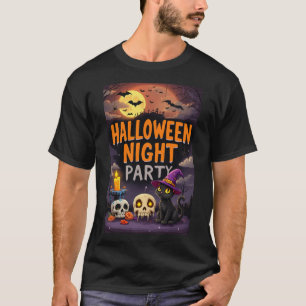 Cute Black Cat in Witch Hat Halloween Night Party T-Shirt