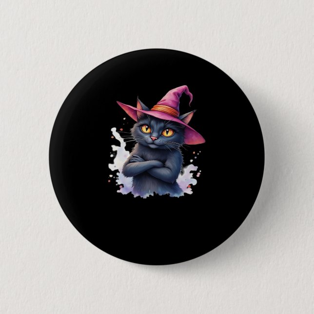 Cute Black Cat in Witch Hat � Magical Halloween Ar 2 Inch Round Button (Front)