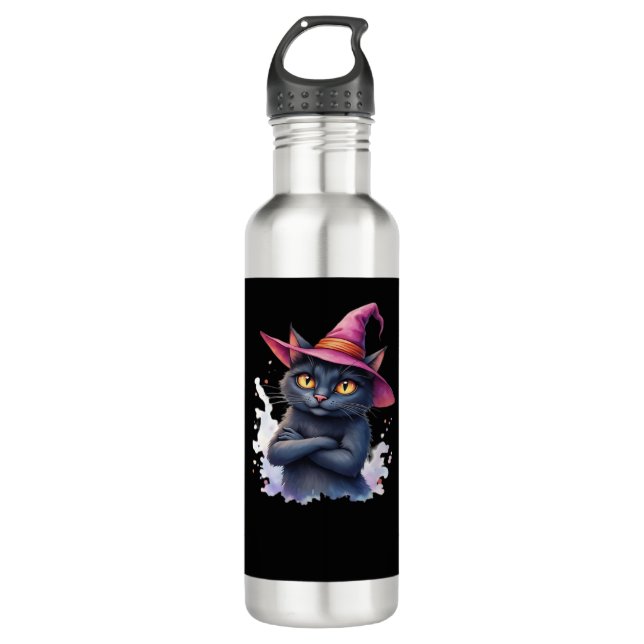 Cute Black Cat in Witch Hat � Magical Halloween Ar 710 Ml Water Bottle (Front)