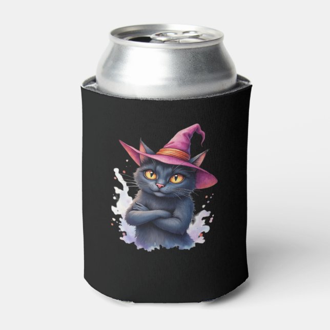 Cute Black Cat in Witch Hat � Magical Halloween Ar Can Cooler (Can Front)