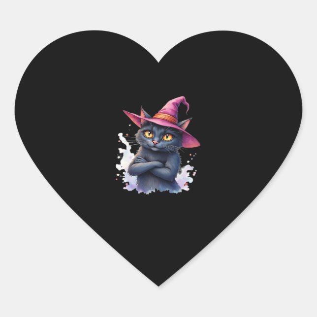 Cute Black Cat in Witch Hat � Magical Halloween Ar Heart Sticker (Front)