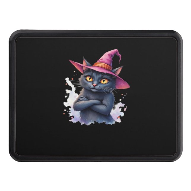 Cute Black Cat in Witch Hat – Magical Halloween Ar Trailer Hitch Cover (Front)