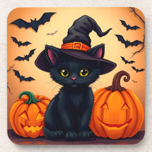 Cute Black Cat in Witch Hat Surrounded by Pumpkins Coaster