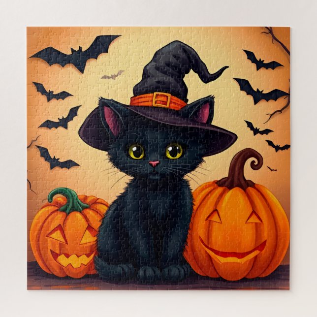 Cute Black Cat in Witch Hat Surrounded by Pumpkins Jigsaw Puzzle (Vertical)