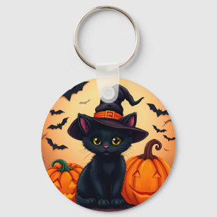 Cute Black Cat in Witch Hat Surrounded by Pumpkins Keychain