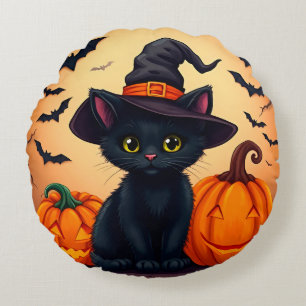 Cute Black Cat in Witch Hat Surrounded by Pumpkins Round Pillow