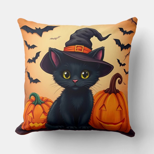 Cute Black Cat in Witch Hat Surrounded by Pumpkins Throw Pillow (Front)