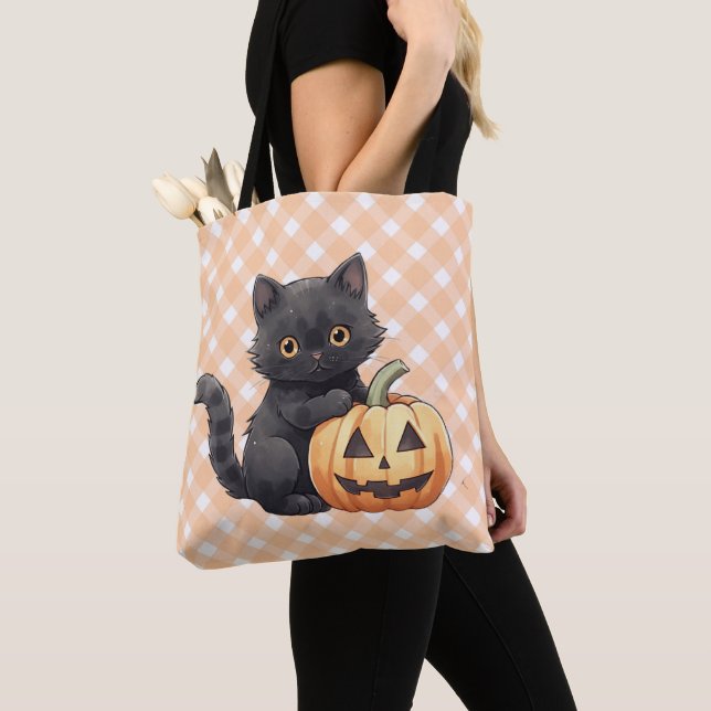 Cute Black Cat & Jack-O' Lantern Halloween Tote Bag (Close Up)