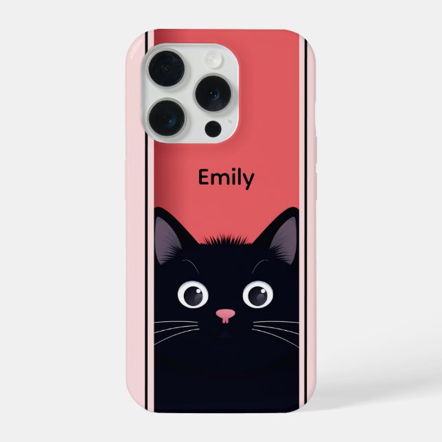 Cute Black Cat Kitten Modern Personalized Name iPhone Case (Back)