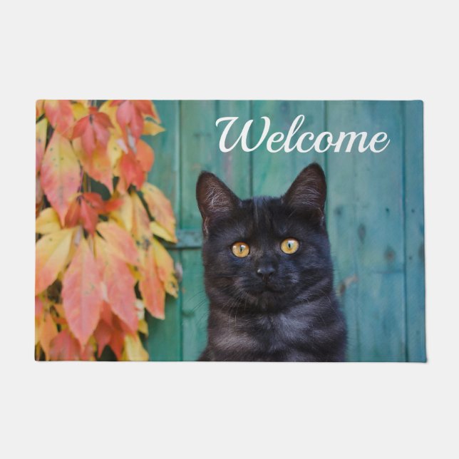 Cute Black Cat Kitten Red Leaves Blue Door Welcome Doormat (Front)