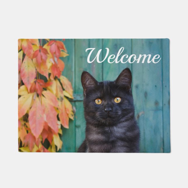 Cute Black Cat Kitten Red Leaves Blue Door Welcome Doormat (Front)
