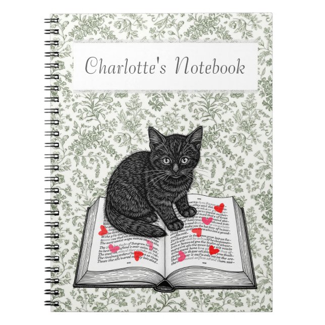 Cute Black Cat Kitten with Hearts Whimsical Goth Notebook (Front)