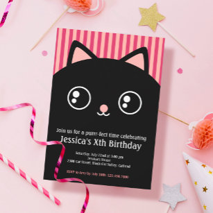 Cute Black Cat Kitty Face Kids Birthday Invitation