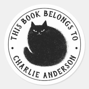 Cute black cat library bookplate book classic round sticker