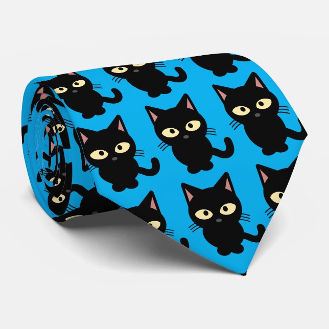Cute black cat meow cartoon blue tie (Rolled)