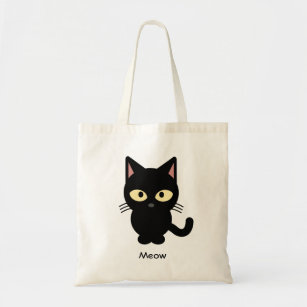 Cute black cat meow cartoon tote bag