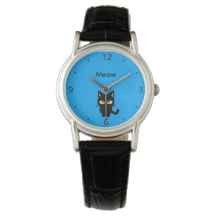 Cute black cat meow cartoon watch