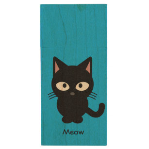 Cute black cat meow cartoon wood USB flash drive
