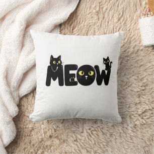 Cute Black Cat Meow T-Shirt Throw Pillow