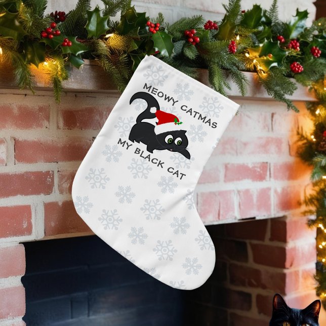 Cute Black Cat Meowy Catmas Pet Christmas Stocking (Meowy Catmas to your black cat! Just add their name)