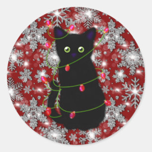 Cute black cat Meowy Christmas sparkling snowflake Classic Round Sticker