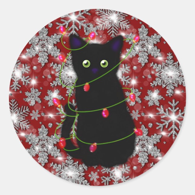Cute black cat Meowy Christmas sparkling snowflake Classic Round Sticker (Front)