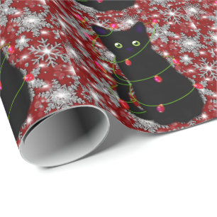 Cute black cat Meowy Christmas sparkling snowflake Wrapping Paper