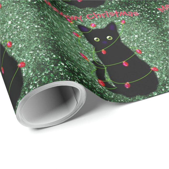 Cute Black cat Meowy Christmas twinkle lights  Wrapping Paper (Roll Corner)