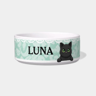 Cute Black Cat Mint Custom Name Bowl