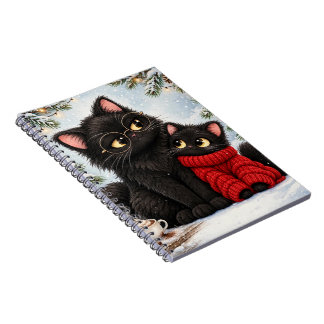 Cute Black Cat Mom and Kitten Winter Spiral book