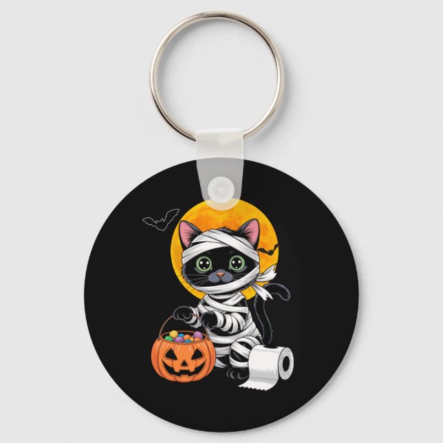 Cute Black Cat Mummy Halloween Costume For Men Keychain (Front)