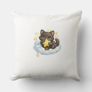 Cute Black Cat on a Magical Cloud – Kawaii Fantasy Throw Pillow