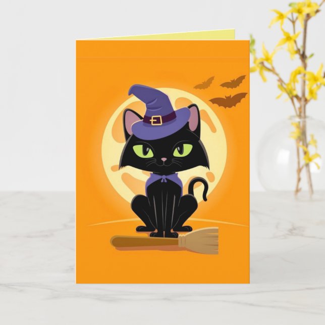 Cute Black Cat on broomHalloween Card (Yellow Flower)